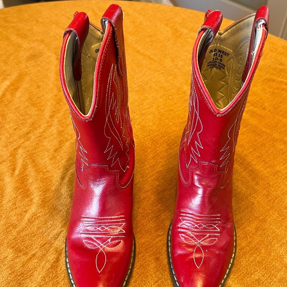 Old West Red Leather Cowboy Boots White Stitching Kids Size 1D - Picture 2 of 9